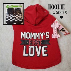 Wag-a-Tude "Mommy's First Love" Red Dog Hoodie Sweatshirt Small & B&W Socks XS/S